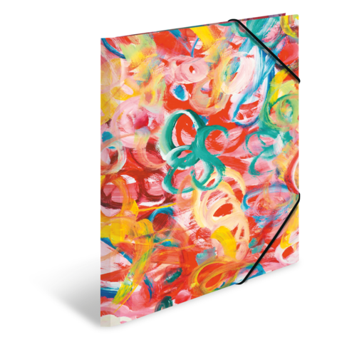 Bunte, abstrakte Malerei mit geschwungenen Linien und Kreisen in Rot-, Gelb- und Grüntönen auf einer vertikalen Fläche.