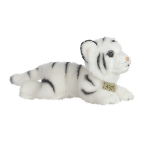 Weißer Tiger aus Plüsch, liegend mit schwarzen Streifen und einem freundlichen Gesichtsausdruck.