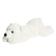 Weißer Plüsch-Eisbär, der flach auf dem Boden liegt, mit einem freundlichen Gesicht und schwarzen Augen.