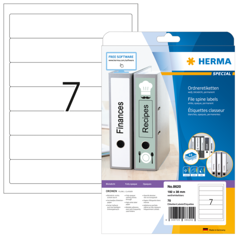 Ordneretiketten von Herma, inklusive 70 Etiketten für Aktenordner, mit Beispielen für "Finanzen" und "Rezepte".