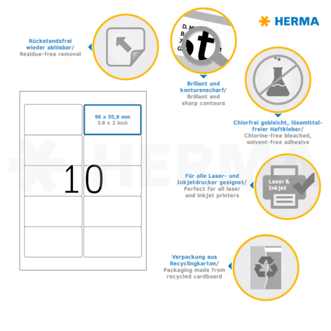 Etiketten von HERMA, 96 x 50,8 mm, für Laser- und Inkjetdrucker geeignet, rückstandsfrei ablösbar, umweltfreundliche Verpackung.