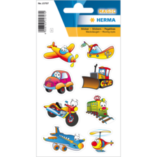 Bunte Aufkleber mit verschiedenen Fahrzeugen, darunter ein Flugzeug, Auto, Zug, und Hubschrauber, alle mit wackelnden Augen.