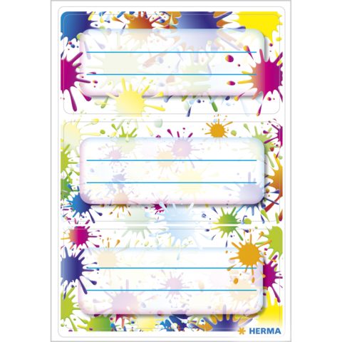 Bunte Etiketten mit Platz für Text, umgeben von Farbspritzern in Gelb, Blau, Rot und Grün. Ideal für Beschriftungen oder Organisation.