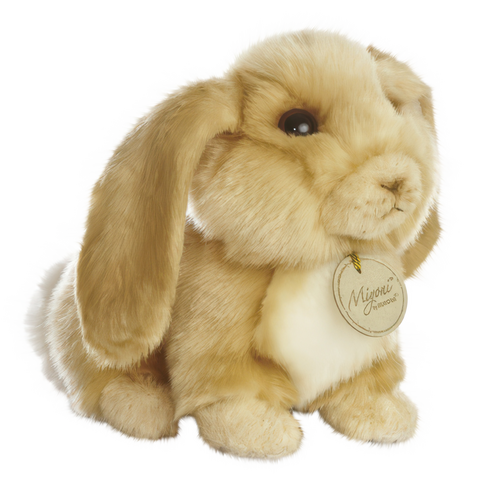 Plüschhase mit langen Ohren und weichem Fell, trägt ein Etikett mit dem Namen "Miyoni".