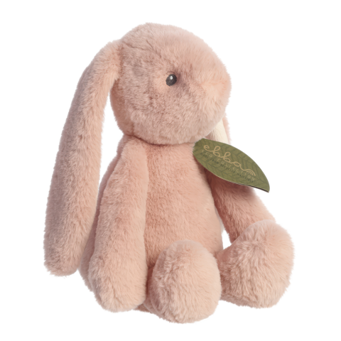 Weiches, rosa Plüschkaninchen mit langen Ohren und einem grünen Etikett am Hals.