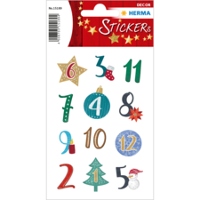 Bunte Aufkleber mit Zahlen von 1 bis 12, Weihnachtsmotiven wie einem Baum, einer Kerze und einem Stern.