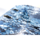 Wassertropfen und Blasen auf einer blauen Oberfläche, mit zwei Griffen an der Oberseite.