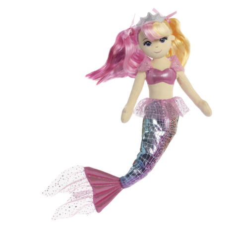 Puppe in Form einer Meerjungfrau mit pinkem Haar, glitzerndem Oberteil und schimmerndem Schwanz.