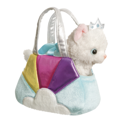 Plüschhandtasche mit bunten Details und einem weißen Kätzchen, das eine Krone trägt, sitzt darin.