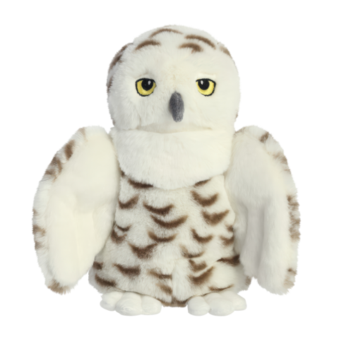 Plüsch-Eule mit weißen und braunen Federn, großen gelben Augen und ausgestreckten Flügeln.