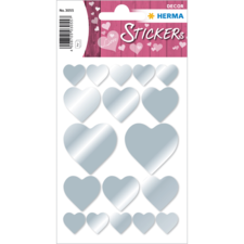 Silberne Herzaufkleber auf einem Bogen, verschiedene Größen und Formen, mit dem Schriftzug "Love Stickers" oben.