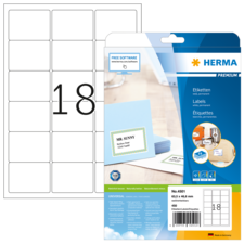 Etikettenpackung mit 18 leeren Labels, abgebildet auf einer blauen Verpackung mit dem Schriftzug "HERMA PREMIUM".