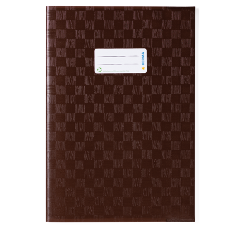 Braunes Notizbuch mit einem karierten Muster und einem weißen Aufkleber auf der Vorderseite, der Platz für eine Beschriftung bietet.