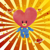 Ein kuscheliger Charakter mit einem herzförmigen Kopf und blauen Punkten auf dem Körper, umgeben von einem bunten, leuchtenden Hintergrund mit Herzen und Sternen.