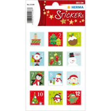 Weihnachtliche Aufkleber mit verschiedenen Motiven wie Geschenken, Weihnachtsbäumen, Schneemann und Santa Claus, nummeriert von 1 bis 12.