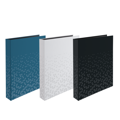 Drei Bücher in verschiedenen Farben (blau, weiß, schwarz) mit einem geometrischen Muster auf der Vorderseite.