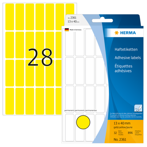 Gelbe Haftetiketten auf einem Bogen, mit der Nummer 28. Verpackung zeigt Produktdetails und Maße: 13 x 40 mm, 32 Etiketten.