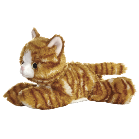 Ein plüschiger, gestreifter Kater in einer liegenden Position, mit einem weißen Fleck auf der Schnauze und großen, runden Augen.