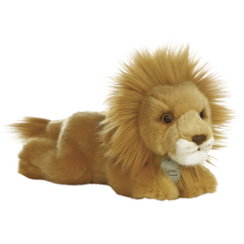 Plüschlöwe mit braunem Fell und einer auffälligen Mähne, liegt entspannt auf einer Oberfläche.
