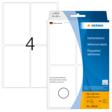 Haftetiketten von Herma, 52 x 82 mm, 24 Stück, auf Verpackung mit mehrsprachiger Beschreibung und einem Beispieletikett.