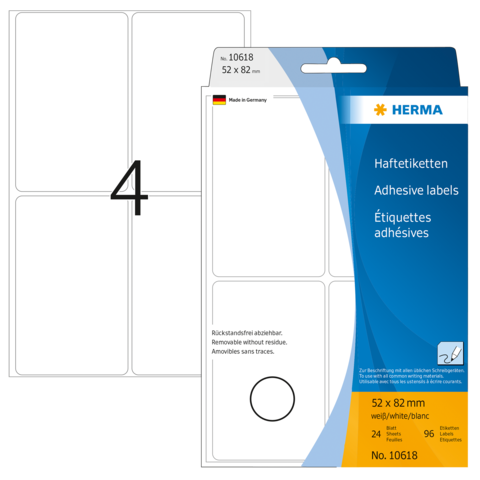 Haftetiketten von Herma, 52 x 82 mm, 24 Stück, auf Verpackung mit mehrsprachiger Beschreibung und einem Beispieletikett.