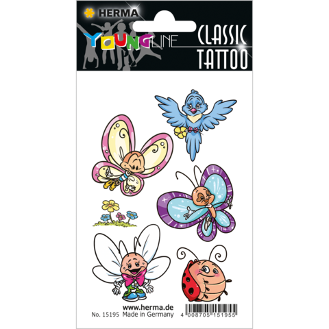 Bunte temporäre Tattoos mit Schmetterlingen, einer Blume und einem Käfer, gestaltet für Kinder.