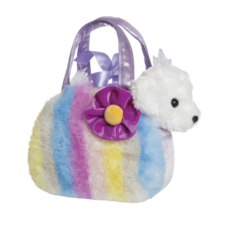 Rosa Plüschhandtasche mit Katzenmotiv, großen blauen Augen und einer kleinen, plüschigen Einhornfigur an der Seite.