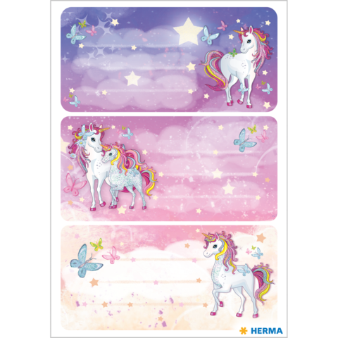 Drei farbenfrohe Aufkleber mit Einhörnern und Schmetterlingen auf einem sanften, pastellfarbenen Hintergrund.