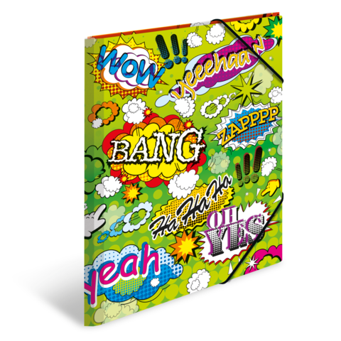 Bunte Hülle mit Comic-Texten wie "Wow", "Bang", "Yeah" und "Oh Yes", umgeben von farbenfrohen Grafiken und Sprechblasen.