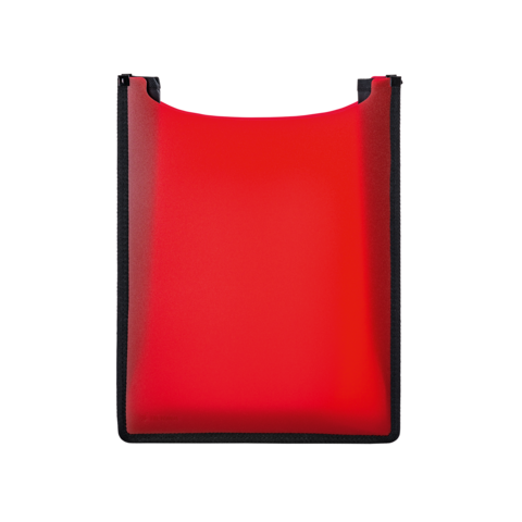 Roter, rechteckiger Gegenstand mit abgerundeten Ecken und schwarzem Rand, möglicherweise eine Hülle oder Tasche.