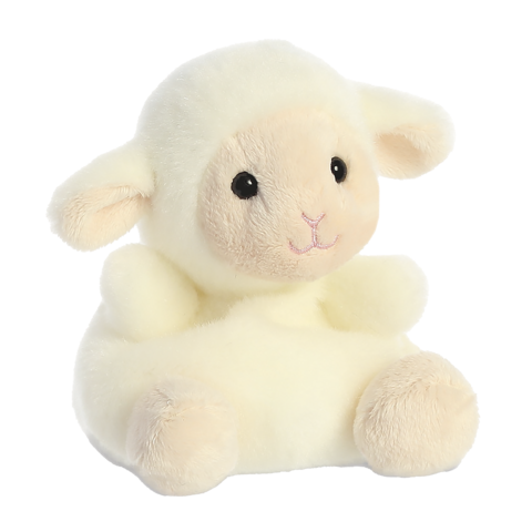 Plüschschaf mit runden Ohren und einem freundlichen Gesicht, sitzend und in sanften, hellen Farben gehalten.