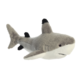 Plüschhai mit grauem Fell und weißen Unterseite, zeigt charakteristische Flossen und Augen. Ideal als Spielzeug oder Dekoration.