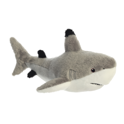Plüschhai mit grauem Fell und weißen Unterseite, zeigt charakteristische Flossen und Augen. Ideal als Spielzeug oder Dekoration.