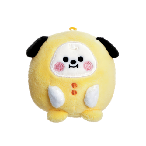 Runder, gelber Plüschhund mit schwarzen Ohren, einem lächelnden Gesicht und Knöpfen auf der Vorderseite.