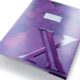 Lila Ordner mit hexagonalem Muster und einem hervorgehobenen "X" auf der Vorderseite. Ein Etikett ist oben angebracht.