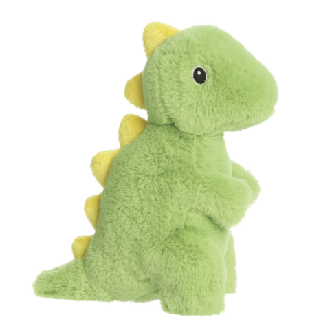 Grünes Plüschdinosaurier mit gelben Stacheln, aufrecht stehend und mit großen, runden Augen.