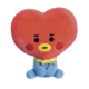 Ein plüschiger Charakter mit einem herzförmigen Kopf in Rot, blauen Beinen und einem gelben Schal.