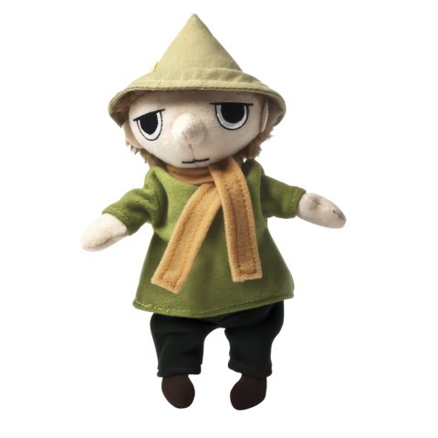 Plüschfigur eines Charakters mit grünem Oberteil, braunem Schal und Hut, steht aufrecht mit neutralem Gesichtsausdruck.