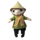 Plüschfigur eines Charakters mit grünem Oberteil, braunem Schal und Hut, steht aufrecht mit neutralem Gesichtsausdruck.