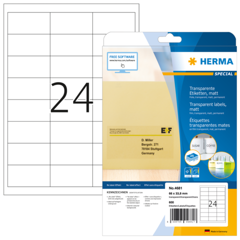 Transparente Etiketten von Herma, Packung mit 600 Etiketten, inklusive Beispielblatt mit der Nummer 24.