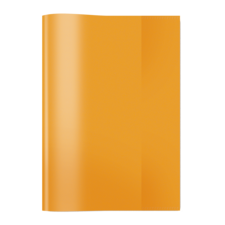 Ein orangefarbenes, glänzendes Buch oder Heft, das aufrecht steht.