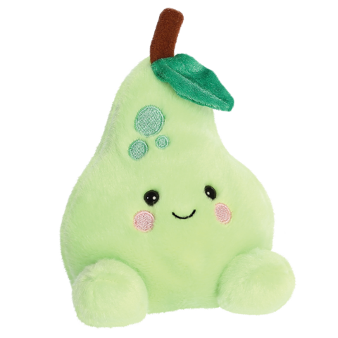 Kuscheliges, grünes Plüschspielzeug in Form einer Birne mit einem lächelnden Gesicht, rosa Wangen und einem Blatt.