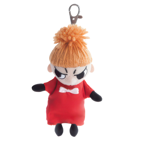 Plüschfigur mit orangefarbenem Haar, roten Kleid und weißen Schleife, mit einem Clip zum Befestigen.