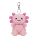 Kuscheltier in Form eines rosa Axolotls mit einem Schlüsselanhänger. Es hat große Augen und pinke Kiemen.