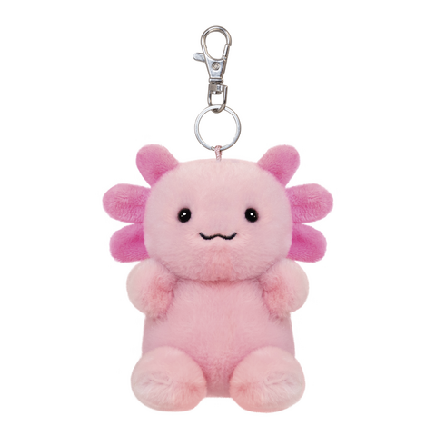 Kuscheltier in Form eines rosa Axolotls mit einem Schlüsselanhänger. Es hat große Augen und pinke Kiemen.