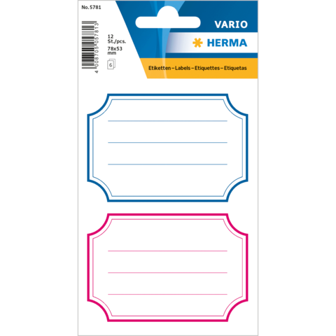 Packung mit 12 Etiketten in Blau und Pink, jeweils mit Linien zum Beschriften, geeignet für verschiedene Anwendungen.