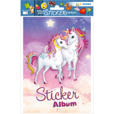 Zwei Einhörner mit bunten Mähnen stehen vor einem pastellfarbenen Hintergrund mit Sternen. Darunter steht "Sticker Album".