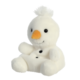 Ein weißer, plüschiger Schneemann mit orangefarbener Nase, schwarzen Knöpfen und einem kleinen, weißen Pompon auf dem Kopf.