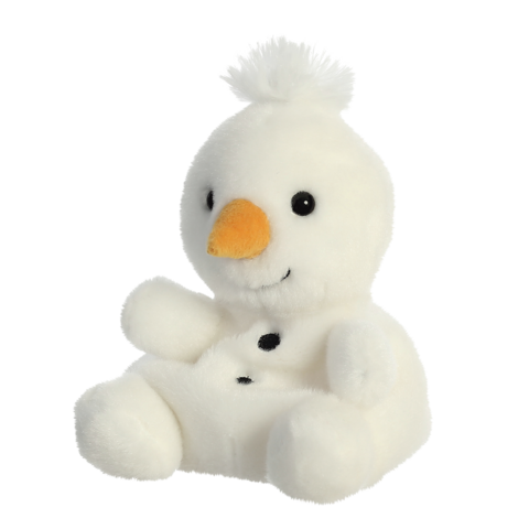 Ein weißer, plüschiger Schneemann mit orangefarbener Nase, schwarzen Knöpfen und einem kleinen, weißen Pompon auf dem Kopf.