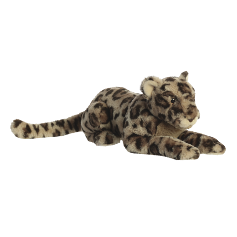 Plüschleopard in liegender Position mit geflecktem Fell und aufmerksamen Augen.